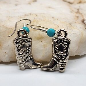Boho Silver Earrings Turquoise Beads Cowboy Boots 👢👢minimalist Jewelry